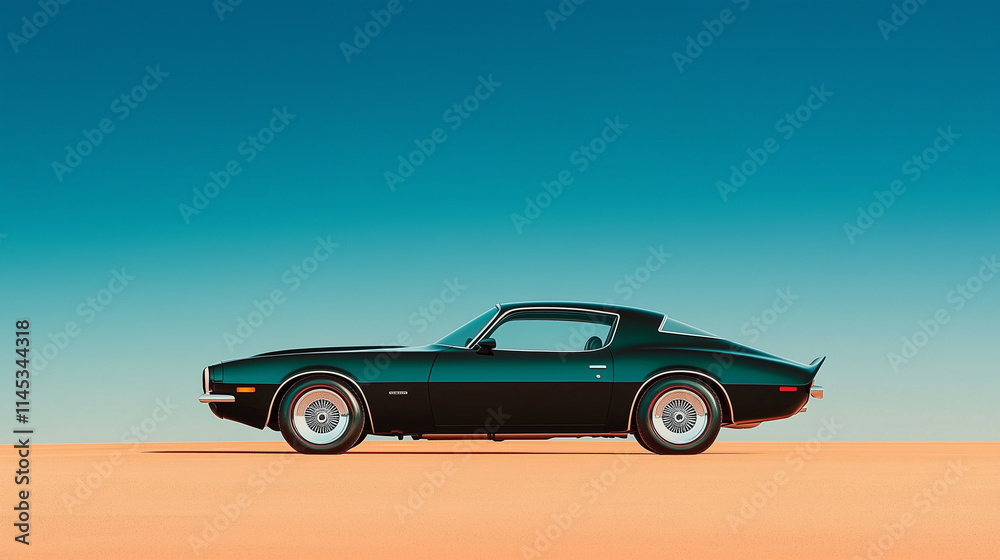A sleek, matte black classic 1970s muscle car is showcased in profile against a vivid desert horizon under a gradient blue sky, exuding power, elegance, and timeless automotive design. A sleek, matte black classic 1970s muscle car is showcased in profile against a vivid desert horizon under a gradient blue sky, exuding power, elegance, and timeless automotive design.