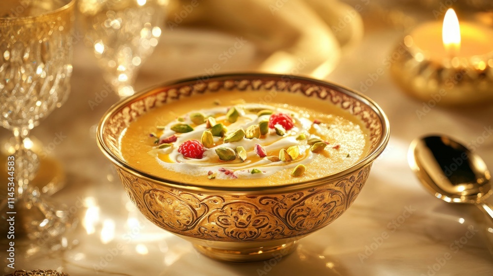 A decorative bowl of daliya topped with nuts and berries. A decorative bowl of daliya topped with nuts and berries.