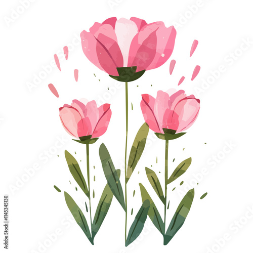 A watercolor painting of vibrant pink peonies blooming in spring, isolated on a white background. Vibrant pink peonies blooming in spring vector.
