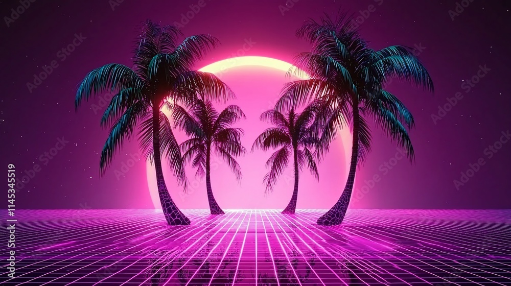 Naklejka premium Retro synthwave landscape with palm trees and a large pink sun.