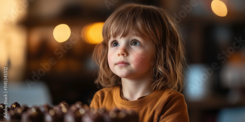 A red-haired, brown-eyed girl in a knitted orange blouse looks forward to the chocolates lying in front of her