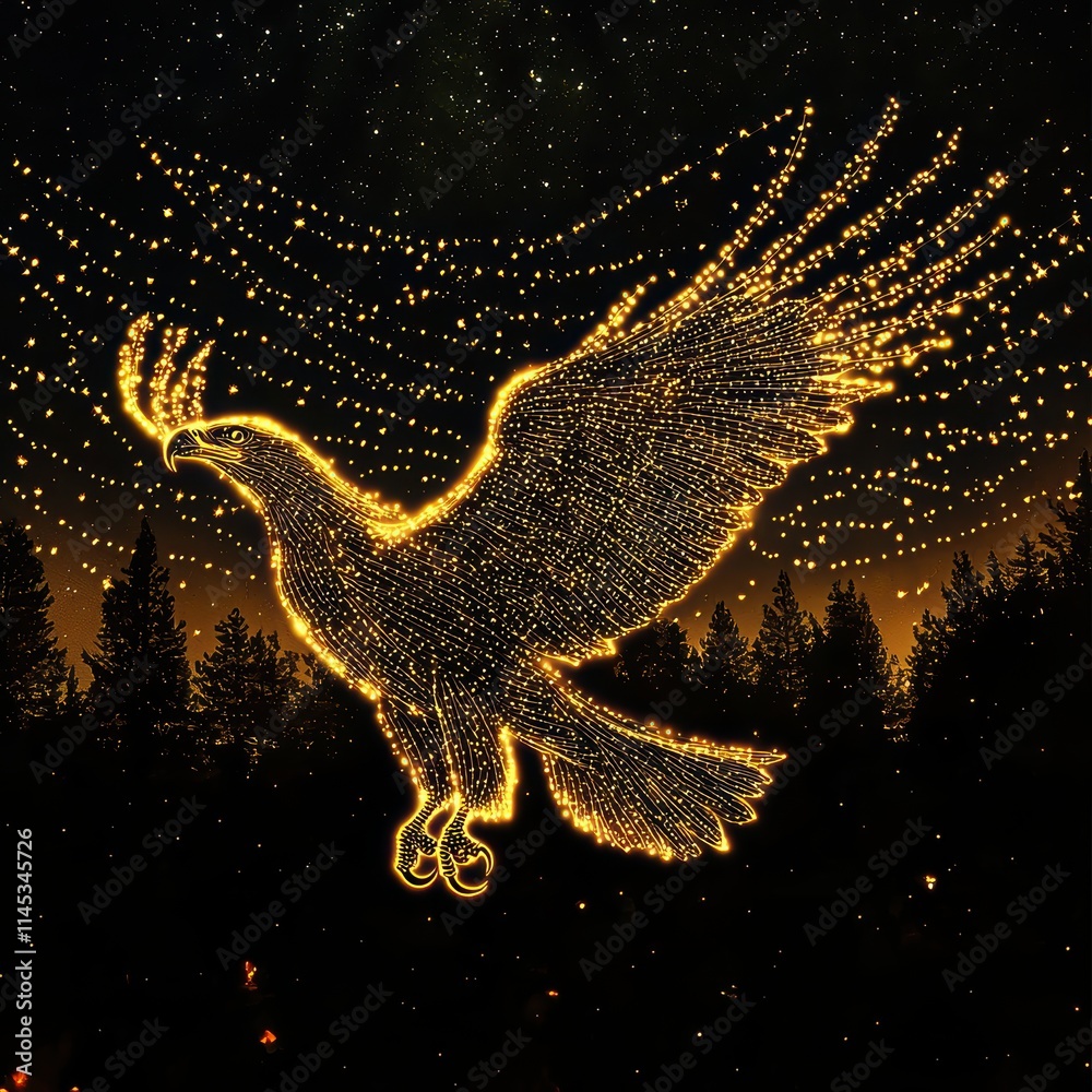 Fototapeta premium Sparkling Golden Eagle Silhouette Against Starry Night Sky