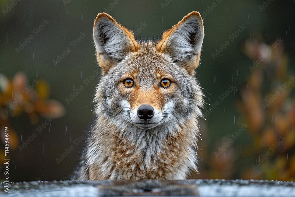 Fototapeta premium A coyote stares intently at the camera, rain drops falling on its fur. The animal's piercing gaze and the blurred background create a dramatic image.