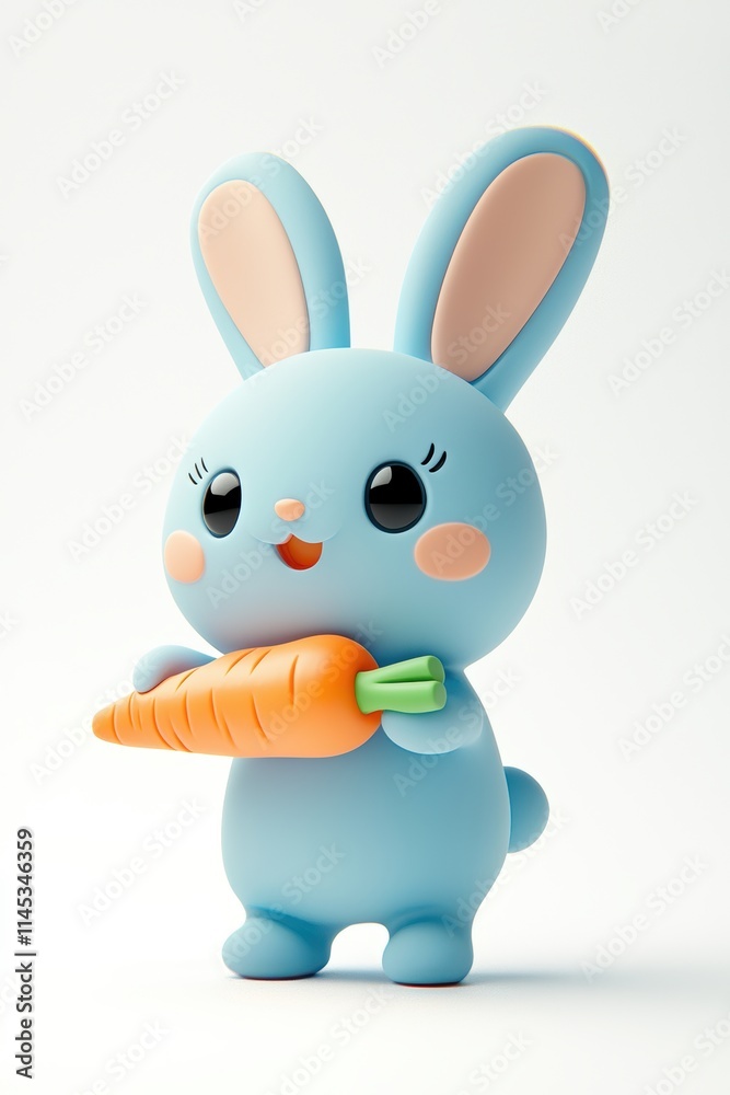 Obraz premium Cute pastel blue bunny character holding a bright orange carrot