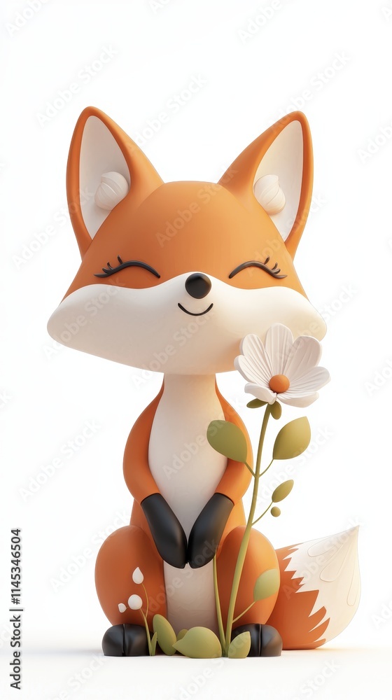 Fototapeta premium Cute Cartoon Fox Character with Flower in a Minimalist Style