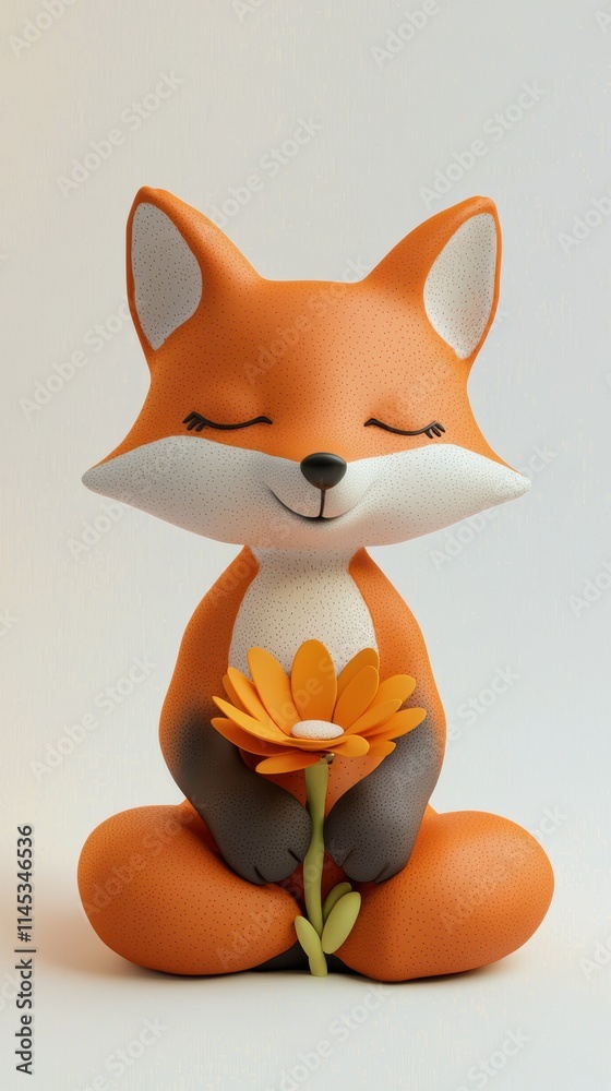 Cute cartoon fox holding flower with a joyful expression in pastel tones Cute cartoon fox holding flower with a joyful expression in pastel tones