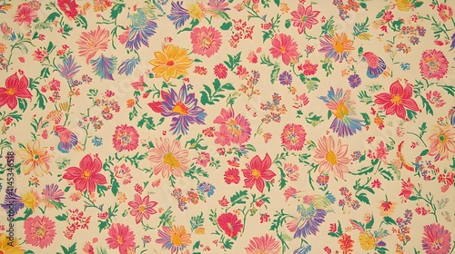 A vibrant and colorful pattern featuring tropical birds, flowers, leaves, and other natural elements in bright colors like pink, yellow, green, blue, orange, purple, red, and white on an off-white 