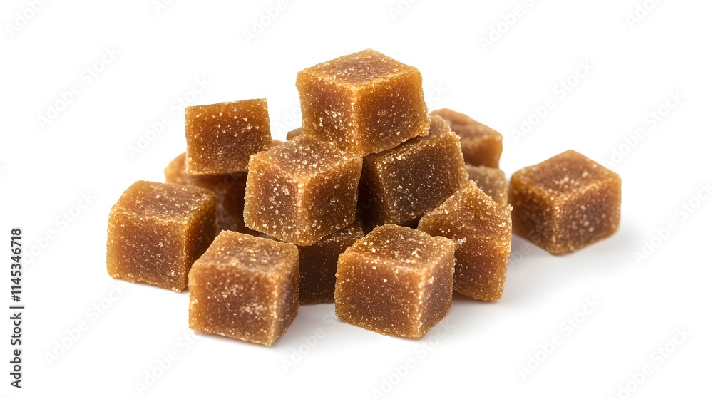 A pile of brown sugar cubes sits on a white background A pile of brown sugar cubes sits on a white background