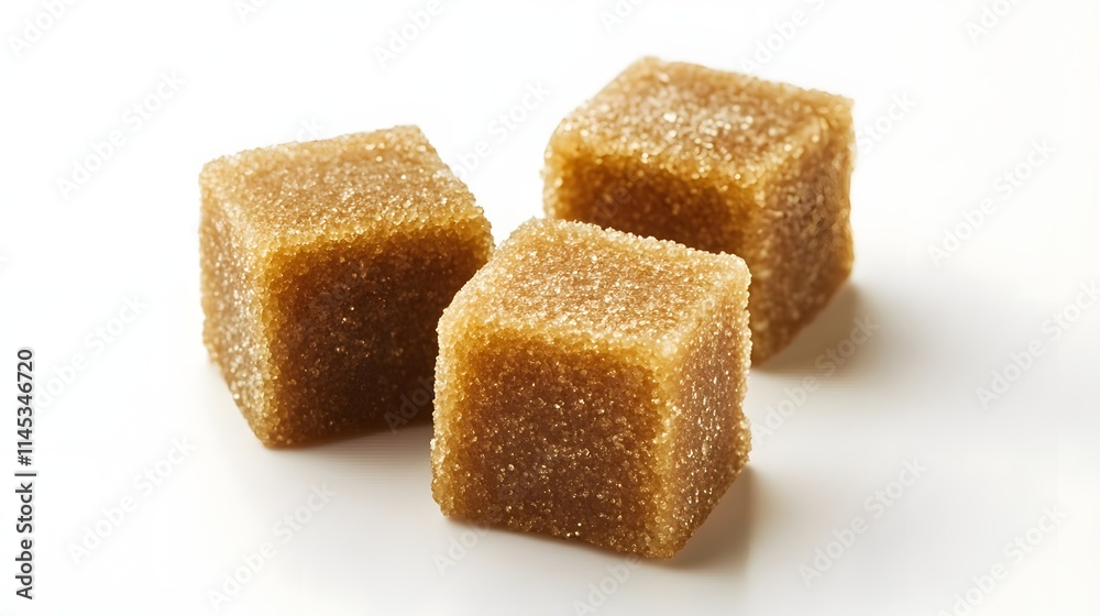 Three Cubes Of Brown Sugar Resting On White Background Three Cubes Of Brown Sugar Resting On White Background