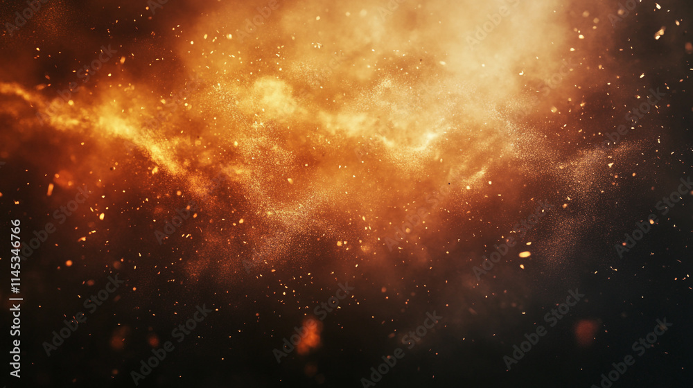 Naklejka premium Golden Sand Explosion on Dark texture, Elegant golden dust floating through the darkness of space with various small particles, Dramatic Orange and brown Dust Cloud with randomized floating particles.