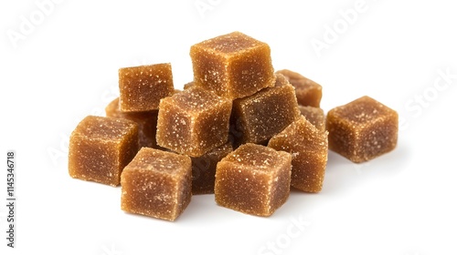 A pile of brown sugar cubes sits on a white background photo