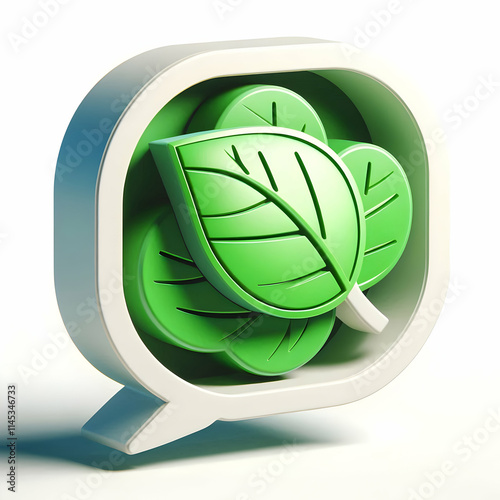 3D Floating Leaf in Chat Bubble Symbolizing Environmental Discussions photo