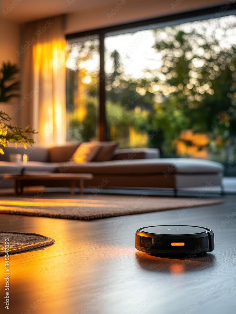 Smart Home Device, Sleek Coffee Table, Design, Contemporary Furnishings, Warm Ambiance, Indoor Setting Smart Home Device, Sleek Coffee Table, Design, Contemporary Furnishings, Warm Ambiance, Indoor Setting