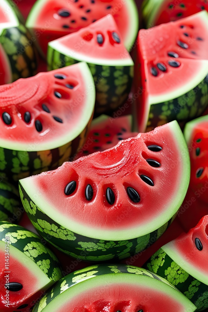 A hyper-realistic close-up of a sliced watermelon showing its bright red, juicy flesh with black seeds arranged beautifully A hyper-realistic close-up of a sliced watermelon showing its bright red, juicy flesh with black seeds arranged beautifully