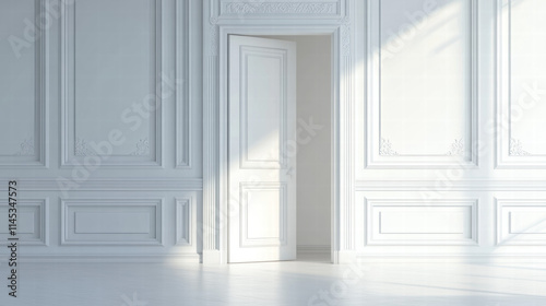 a white door open in an empty room with classic wall paneling. Isolated background with copy space