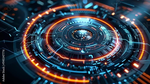 Wallpaper Mural Complex circular motherboard radiating vibrant orange and blue light, symbolizing advanced computing and futuristic technology managing a large data flow Torontodigital.ca