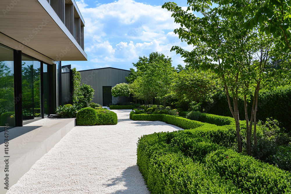 Naklejka premium A modern garden with clean lines, green hedges and trees, featuring white gravel paths leading to the entrance of an architectural home. The scene is captured in bright daylight.
