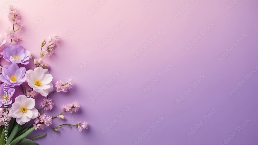 Fototapeta premium Purple and white spring flowers bouquet on pastel purple background