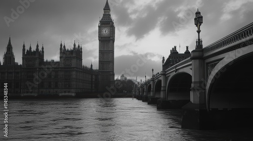 Black and White London Landscape with Big Ben and River Thames View