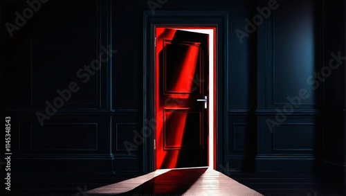 A mysterious and ominous atmosphere is illustrated by a dark room with a glowing red doorway