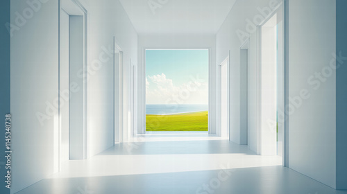 3D rendering of a white hallway with doors leading to a green field and a sea view, in a minimalistic style, with bright lighting