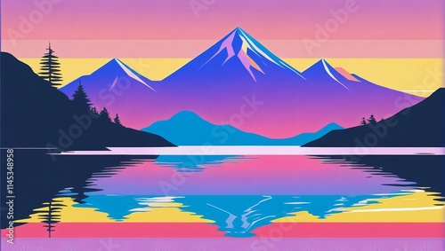 A minimalist vector landscape showcasing a serene lake reflecting pastel mountains, creating a peaceful sunset scene