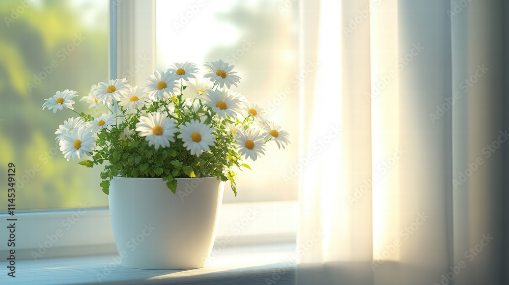 Fototapeta premium A white ceramic pot with daisies on the windowsill, sunlight shining through the window onto it