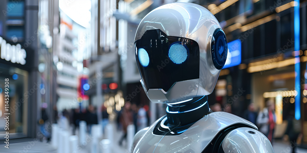 Fototapeta premium Humanlike Robots in Urban Environments, Advanced AI-Powered Robotic Systems
