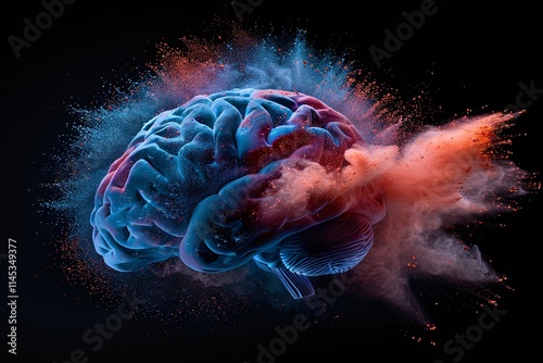 A vibrant abstract image of a brain exploding with colorful powder, symbolizing creativity, imagination, or a burst of ideas. photo