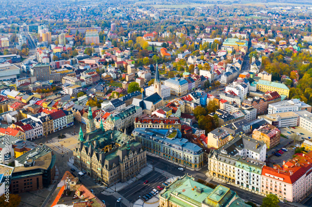 Naklejka premium Aerial cityscape of Liberec city in Czech Republic with buildings and streets