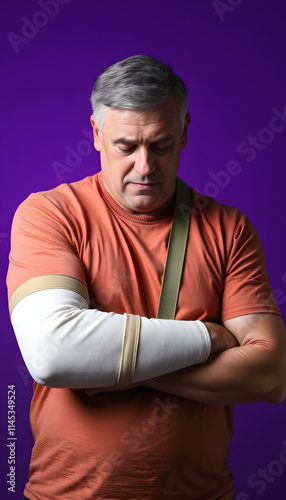 Middle age caucasian man with broken arm and wearing a sling isolated on purple background with headache, silhouette. isolated with white highlights