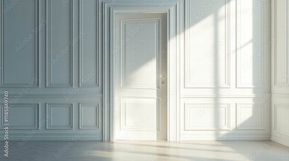 a white door open in an empty room with classic wall paneling. Isolated background with copy space a white door open in an empty room with classic wall paneling. Isolated background with copy space