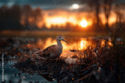 Golden Hour Serenity: A Shorebird's Tranquil Sunset Reflection
