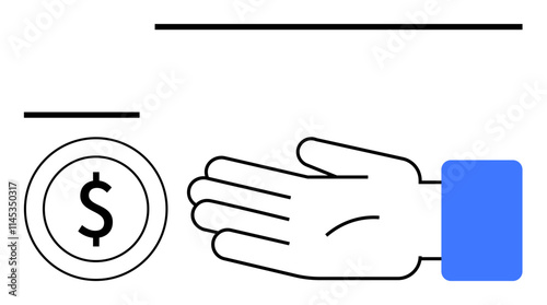 Hand reaching out to receive or offer a dollar coin, highlighting themes of financial support, charity, donation, and assistance. Ideal for fundraising, wealth distribution, and economic aid visuals