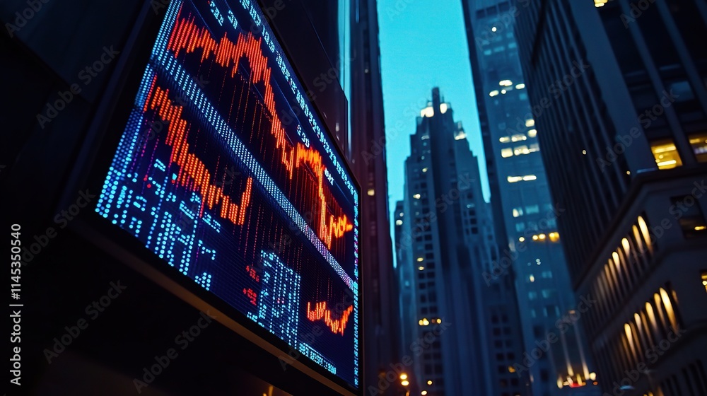 Illuminated Stock Market Graphs at Night in Urban Environment Illuminated Stock Market Graphs at Night in Urban Environment