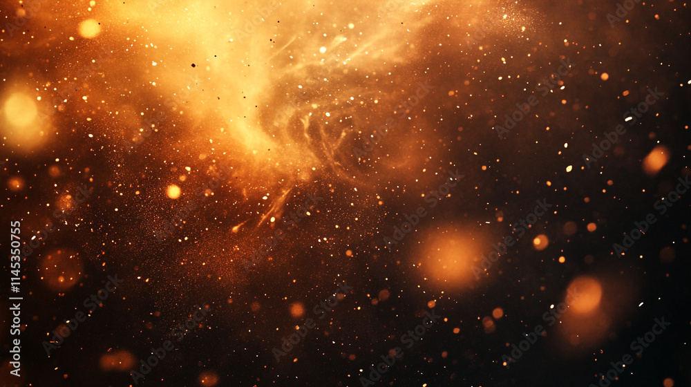 Golden Sand Explosion on Dark texture, Elegant golden dust floating through the darkness of space with various small particles, Dramatic Orange and brown Dust Cloud with randomized floating particles. Golden Sand Explosion on Dark texture, Elegant golden dust floating through the darkness of space with various small particles, Dramatic Orange and brown Dust Cloud with randomized floating particles.