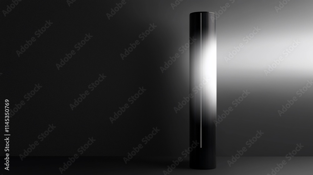 Sleek modern cylindrical floor lamp emitting bright light against a dark background. Sleek modern cylindrical floor lamp emitting bright light against a dark background.