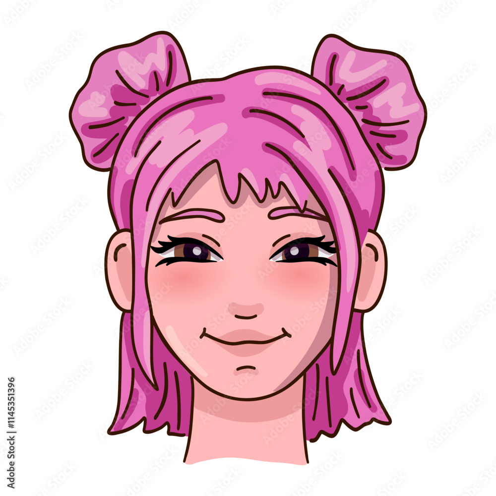 Smiling female person head with pink hair. Vector illustration.
Smiling female person head with pink hair. Vector illustration.