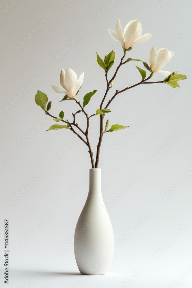 Elegant white magnolia blossoms in a minimalist vase against a neutral background. Elegant white magnolia blossoms in a minimalist vase against a neutral background.
