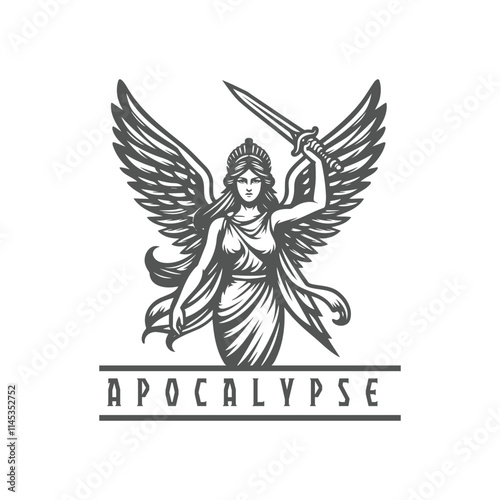 Angel with wings holding sword vector logo illustration