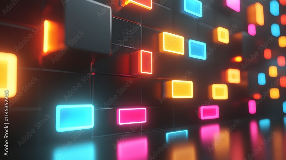 A futuristic dark wall with glowing neon rectangles of various colors. The vibrant lights create a dynamic and abstract pattern. A futuristic dark wall with glowing neon rectangles of various colors. The vibrant lights create a dynamic and abstract pattern.