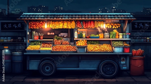 Creative vector illustration of a street food cart with various foods suitable for culinary branding photo