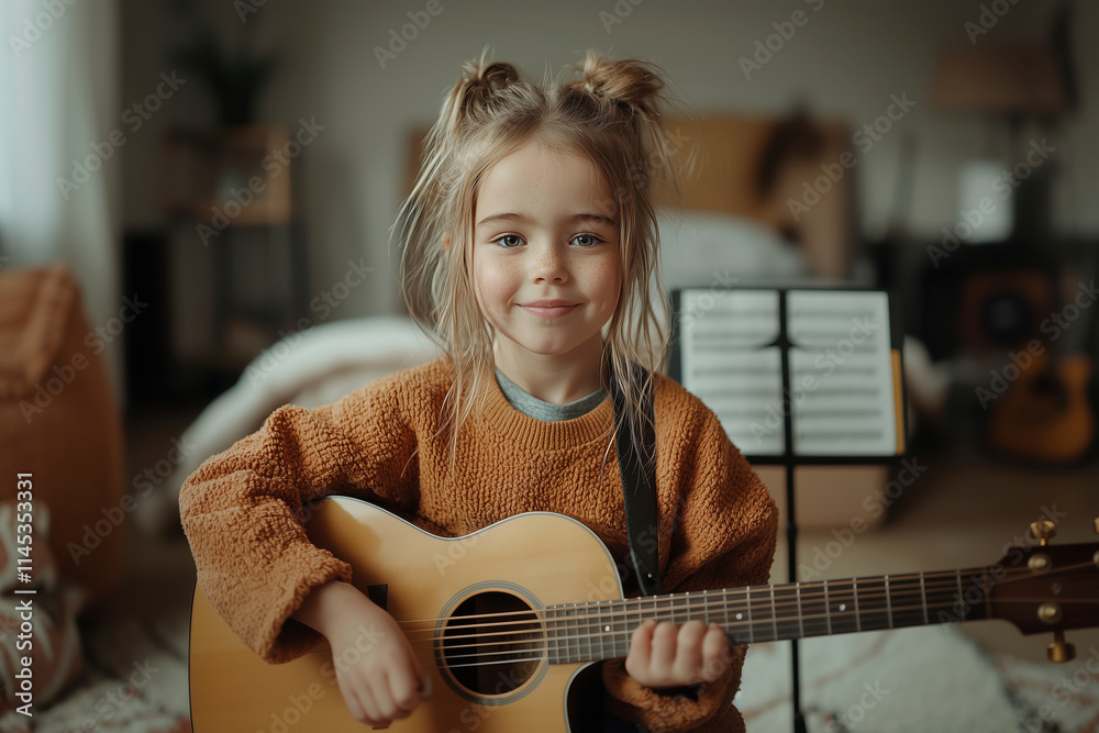 Fototapeta premium A Young Girl's Musical Journey: Learning and Growing with the Guitar. #music #guitar #children #learning