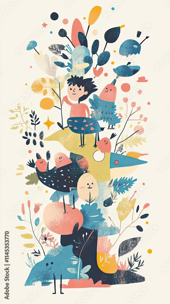 Naklejka premium Children Playing Amongst Colorful Abstract Flora