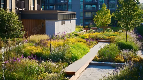 A thoughtful depiction of green infrastructure integrating parks rain gardens and green roofs to manage water reduce heat and welcome wildlife 
