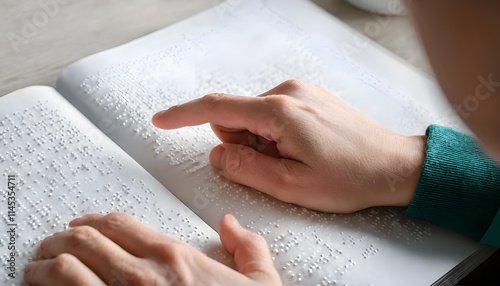 World Braille Day, Hands of a blind person reading from a book in Braille photo