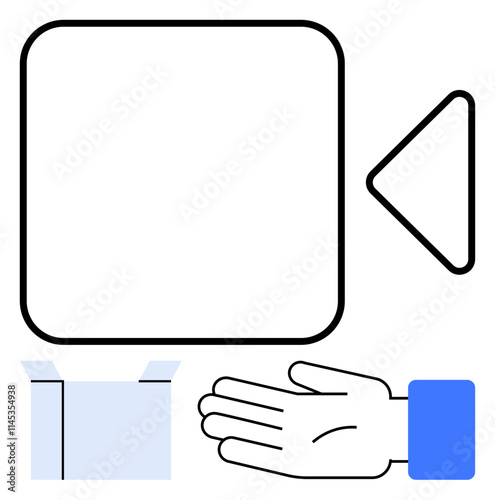 Camera symbol with hand, open box, representing sharing, packaging, digital media, and online communication. Ideal for unboxing, technology, content creation marketing e-commerce tutorials social