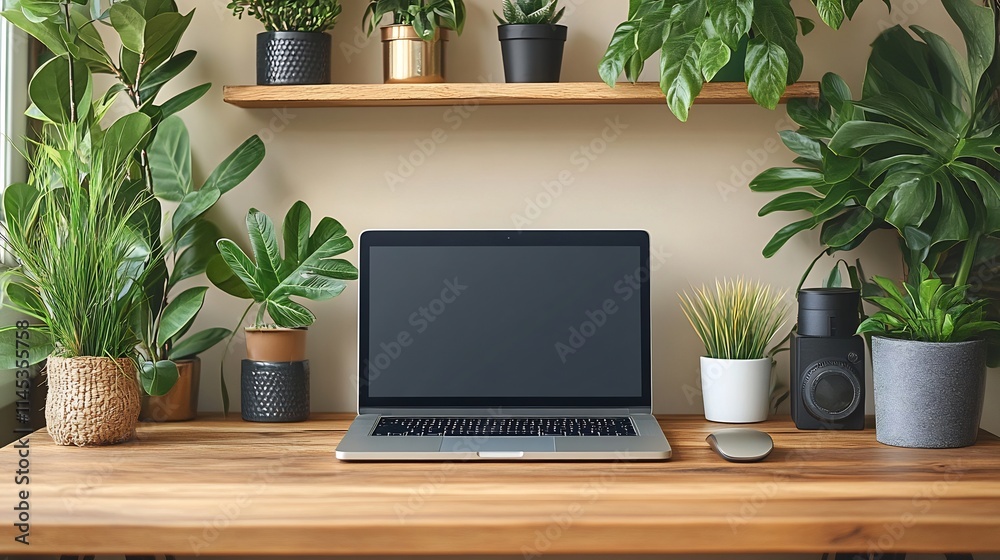 Creative vector illustration of a desktop workspace with a laptop and plants perfect for productivity branding Creative vector illustration of a desktop workspace with a laptop and plants perfect for productivity branding