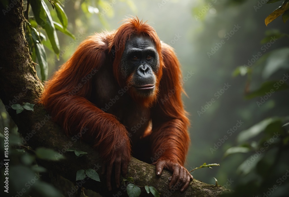 Obraz premium The Bornean orangutan, Asia's largest great ape, is native to Borneo. Known for its reddish-brown fur, long arms, and gentle demeanor, it inhabits rainforests, playing a crucial role in forest ecology