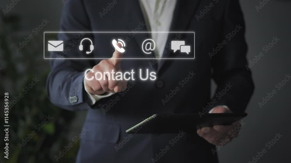 business man contact customer support touching virtual screen app,online help desk consultation